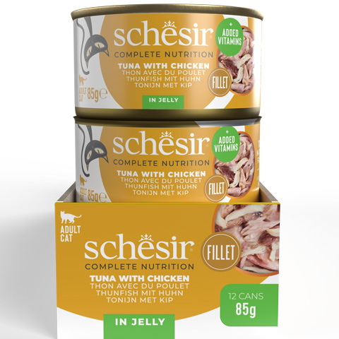 Schesir C&B konzerva Tuňák a kuře v želé 85g karton
